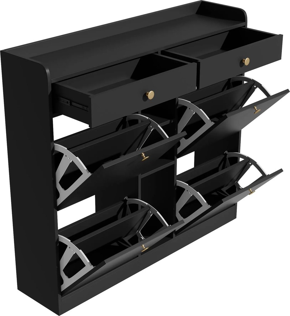 Dulap pentru pantofi cu 4 uși rabatabile, 2 sertare și 3 compartimente deschise, 110x26x100 cm, Negru