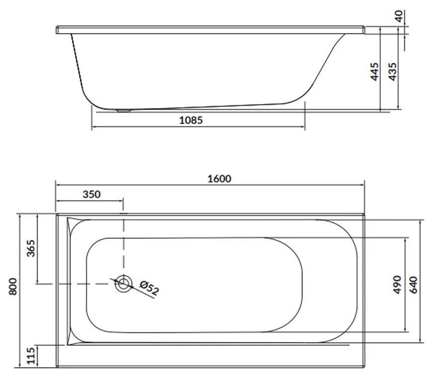 Cada baie incastrata Cersanit Smart, 160 x 80 cm, orientare dreapta, alb lucios 1600x800 mm, Dreapta