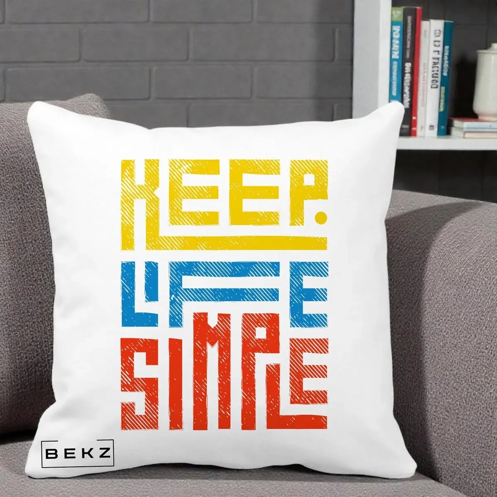 Perna Decorativa Keep Life Simple Colorat, 40x40 cm, Alba Mata, Husa Detasabila, Perna Inclusa, BEKZ®
