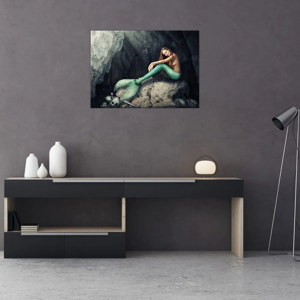 Tablou pe sticlă - Sirena pe stâncă (70x50 cm)