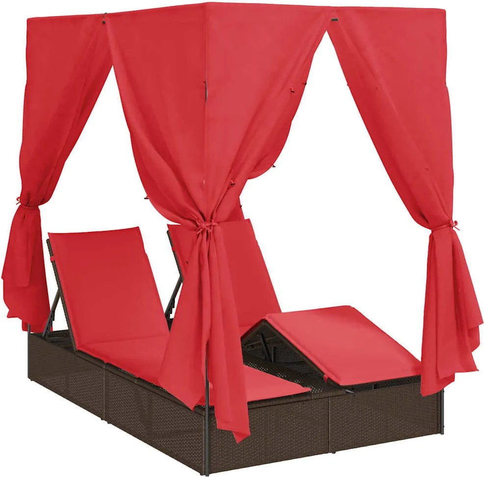vidaXL Șezlong dublu cu perdele Roșu 205 x 129 x 200 cm poliratan