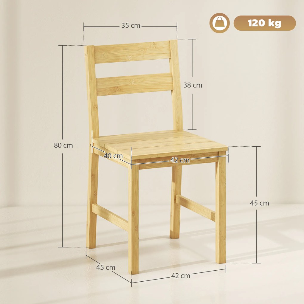 HOMCOM Set de 2 Scaune de Masă din Bambus, Scaune de Bucătărie cu Spătar Curbat, Șezut cu Lamele, Scaun pentru Bucătărie, Dormitor, Living, Culoare Naturală | Aosom Romania