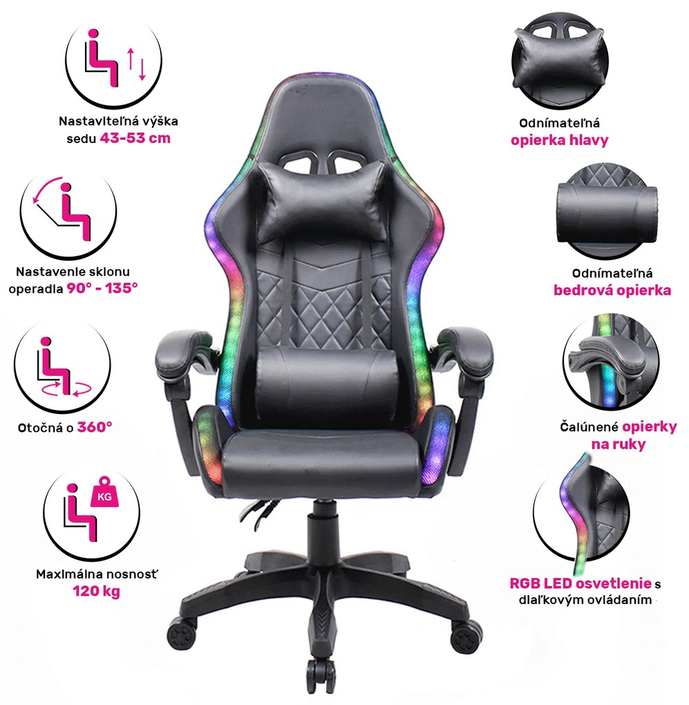 Scaun de birou / joc cu iluminare LED RGB, negru, MAFIRO