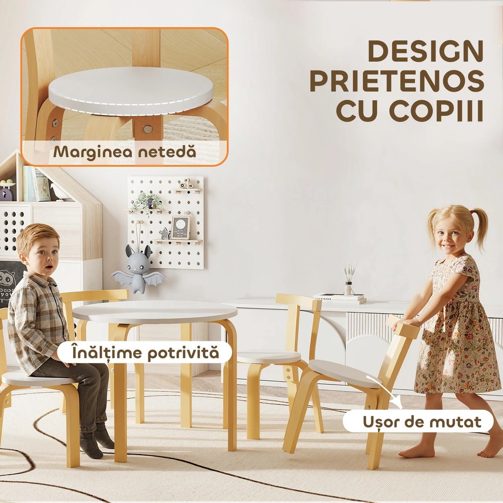 AIYAPLAY Set Masă și Scaune pentru Copii 3-8 Ani 5 piese cu Margini Rotunjite din Lemn Alb | Aosom Romania