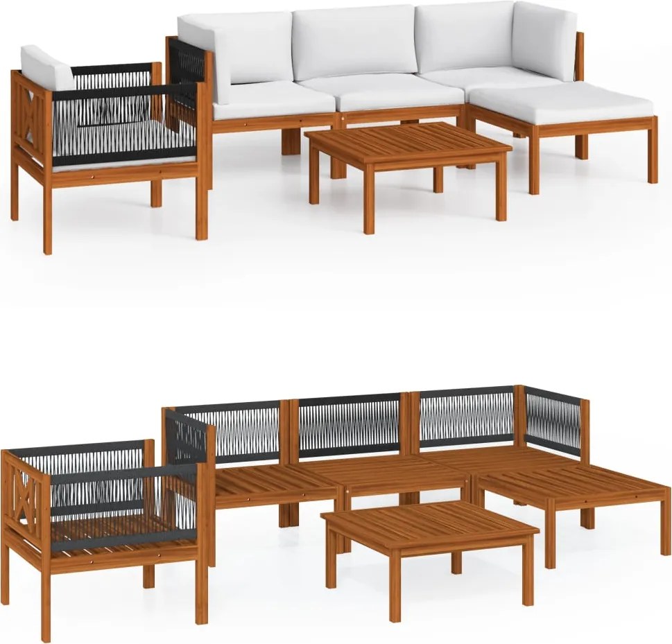 vidaXL Set fotoliu de grădină cu 6 piese, perne, lemn crem, acacia și frânghie