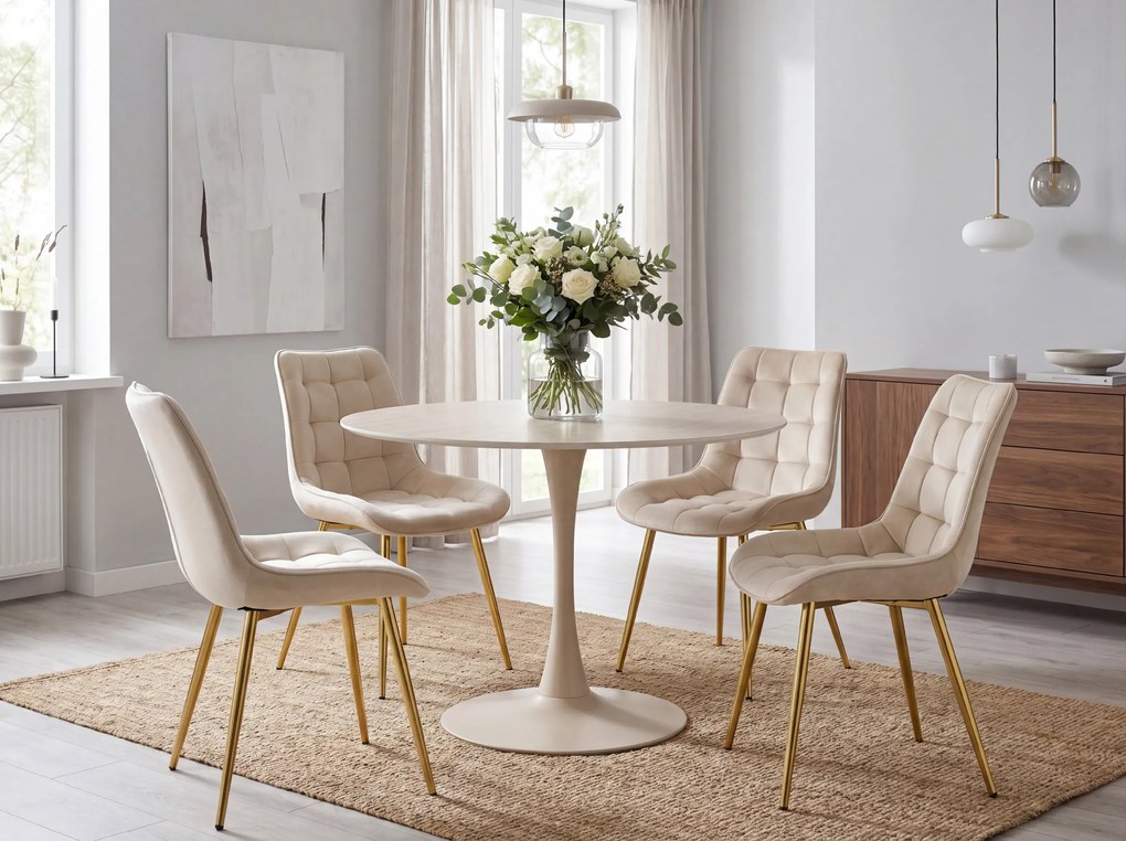 OFERTA Scaun de catifea bej deschis BERA cu picioare aurii II. calitate