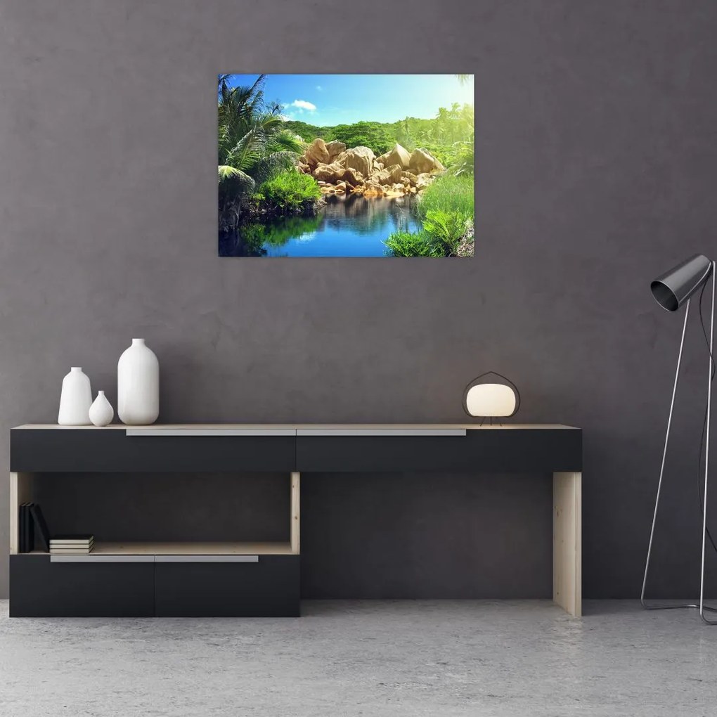 Tablou cu lac în jungla din Seychelles (70x50 cm)