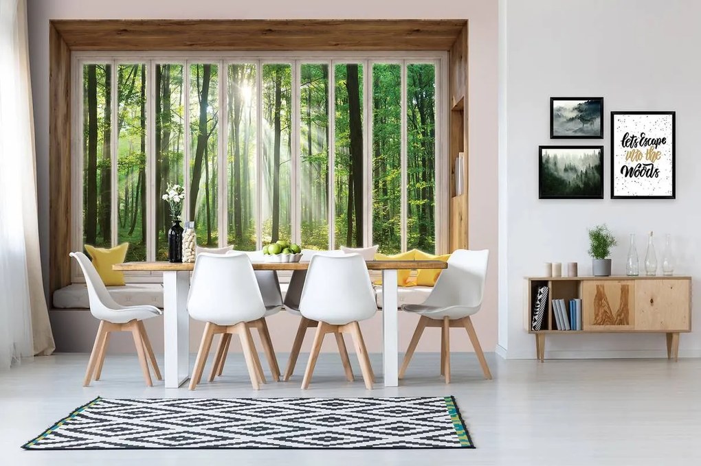 Fototapet - Privire din geam spre pădure (152,5x104 cm)