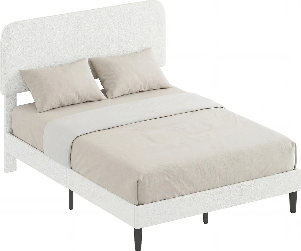 HOMCOM Cadru de pat 140x190cm cu somieră, tăblie reglabilă, pat dublu tapițat în velur Teddy, lamele metalice, alb | Aosom Romania