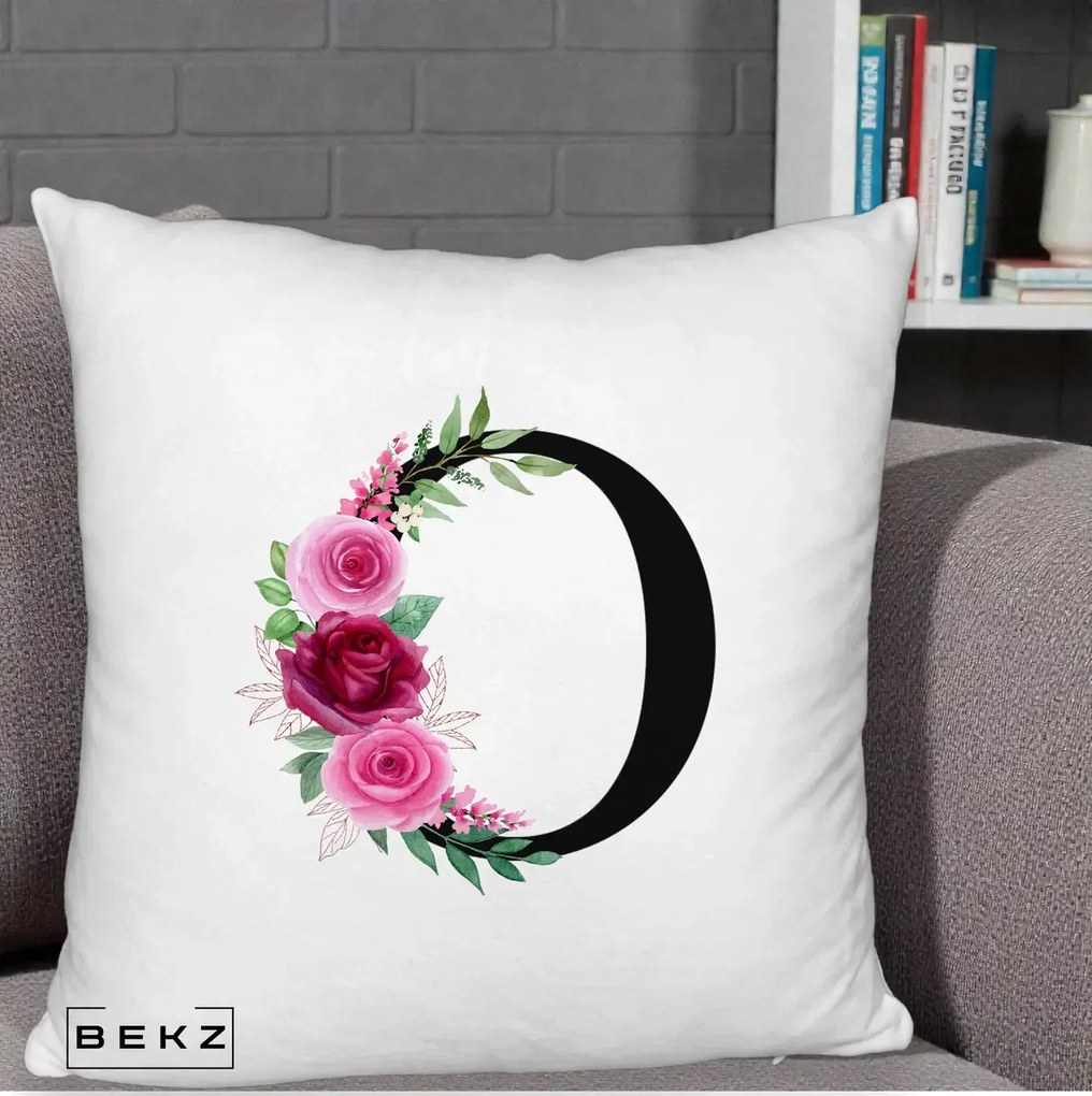 Cadou Personalizat - Perna Personalizata Monograma Florala Litera O, 40x40 cm, Alb Pufos, Husa Detasabila, Perna Inclusa, BEKZ®