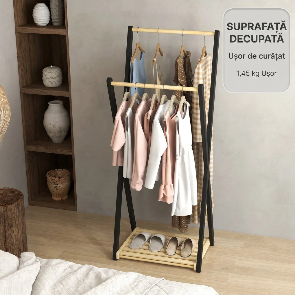 HOMCOM Cuier de Podea din Lemn cu 2 Bare, Suport pentru Haine Autoportant Modern cu Raft Inferior, 61x45x152 cm, Natural