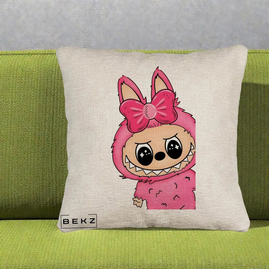 Perna Personalizata Labubu Roz cu Funda, 40x40 cm, Bej Canapea, Husa Detasabila, Perna Inclusa, BEKZ®