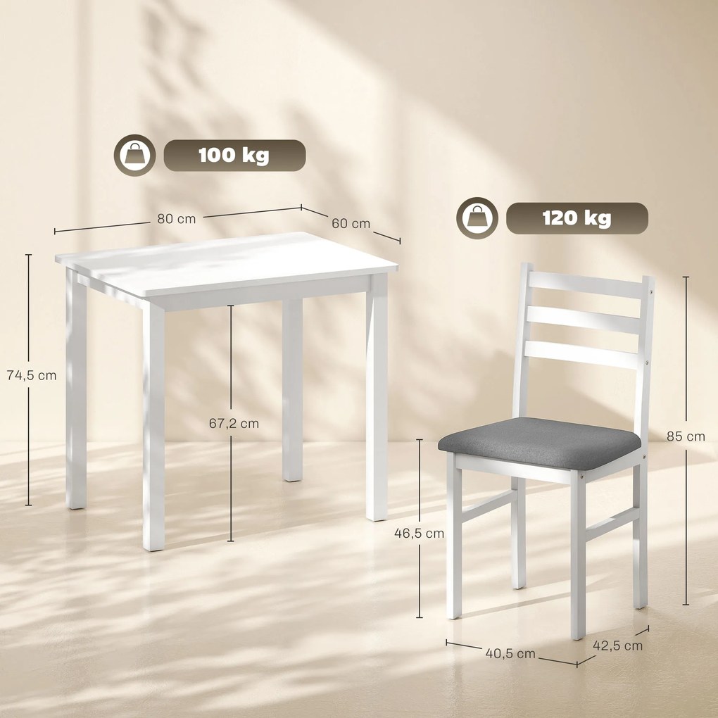 HOMCOM Set de Masă din 3 Piese cu 2 Scaune, Masă de Bucătărie pentru Spații Compacte, Scaune Tapitate, Economisire Spațiu, MDF, Alb | Aosom Romania