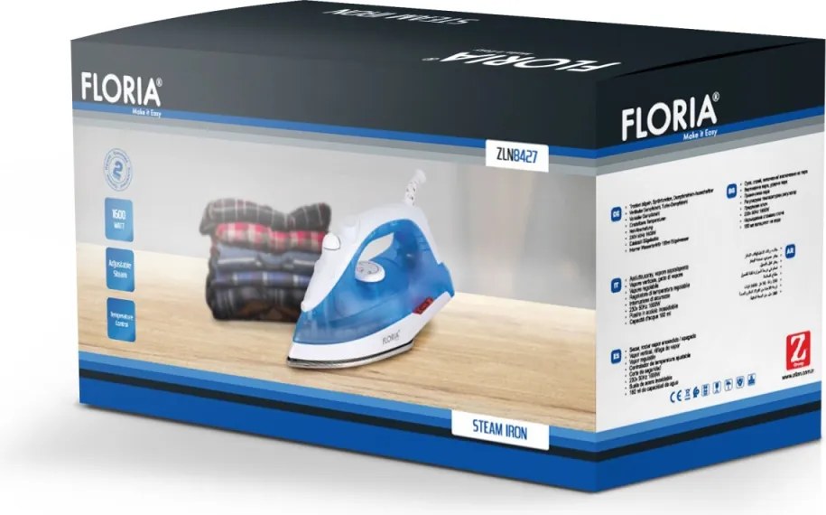 Fier de calcat Floria ZLN9686, 1600W, capacitate 180ml, temperatura reglabila, talpa din inox