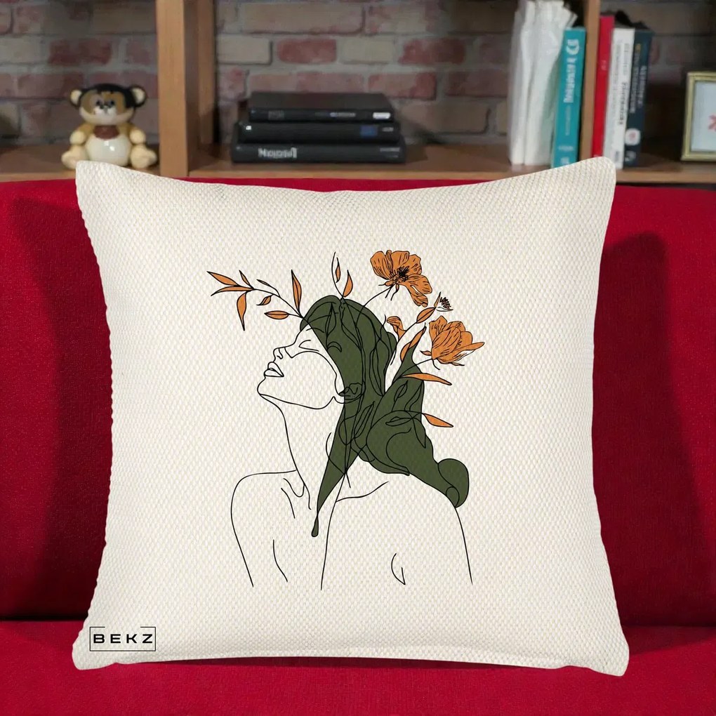 Perna Decorativa Portret Feminin Profil Flori Portocalii, 40x40 cm, Crem Reliefat, Husa Detasabila, Perna Inclusa, BEKZ®