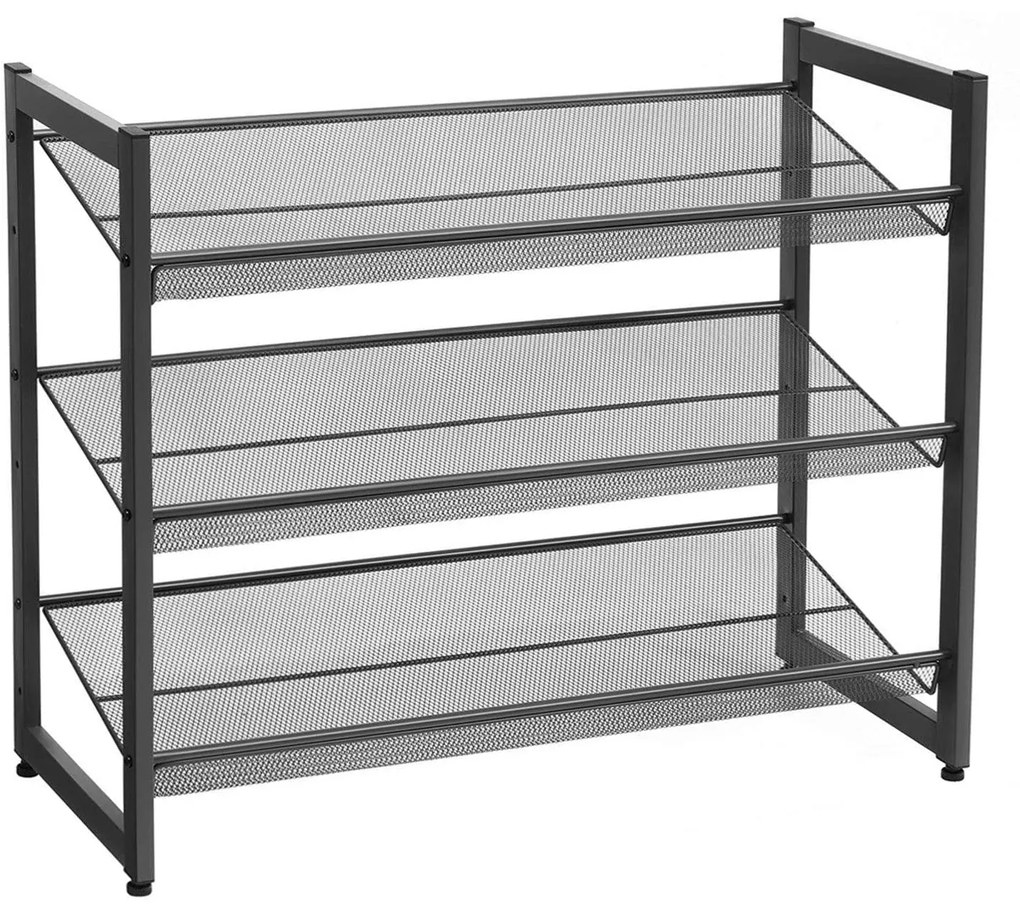 Suport pentru pantofi cu plasă metalică cu 3 niveluri 74 x 30,7 x 62,8 cm, negru