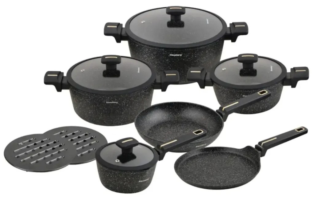 Set oale marmorate cu tigaie clatite si capace 12 piese Klausberg KB-7966, negre