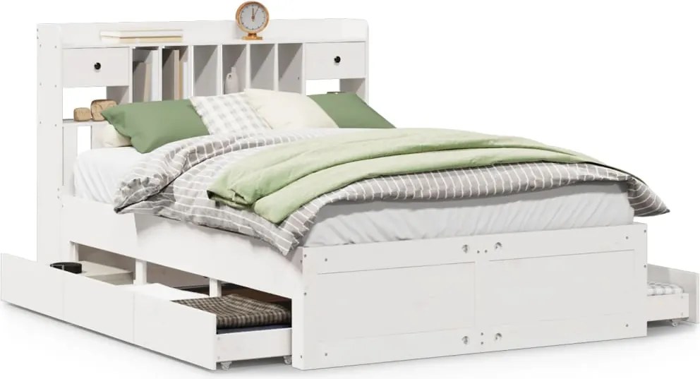 vidaXL Pat cu bibliotecă fără saltea, alb, 140x200 cm, lemn masiv pin