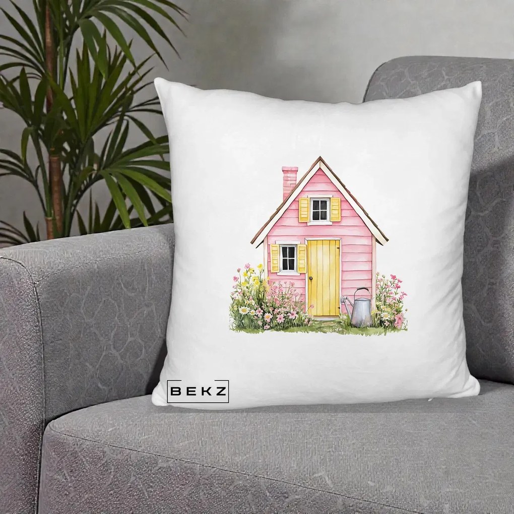 Perna Decorativa Casuta Roz Acuarela cu Gradina, 40x40 cm, Alb Pufos, Husa Detasabila, Perna Inclusa, BEKZ®