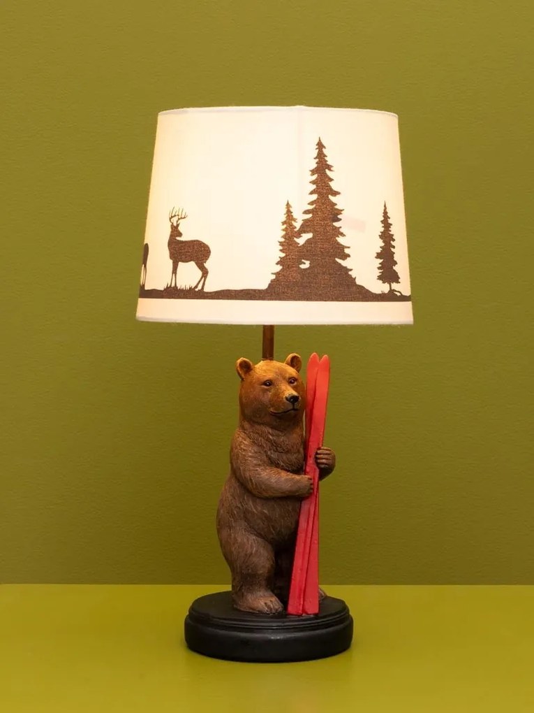 Lampă de masă din bumbac cu imprimeu, cu structură din rășină maro în formă de urs cu schiuri, finisaj patinat, 43×22 cm, „Chalet"