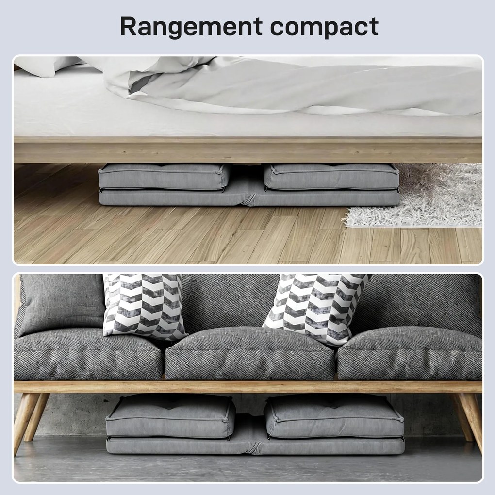 HOMCOM Fotoliu de podea pliabil din velur canaletat, saltea pentru podea cu spătar reglabil în 5 poziții, 59 x 230 x 15 cm, gri | Aosom Romania