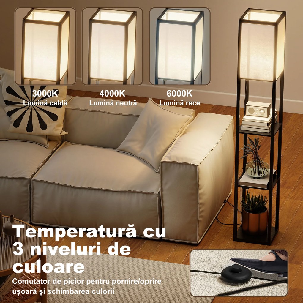 Lampă de Podea HOMCOM LED cu Rafturi, Lampă Modernă cu Comutator și Porturi USB, Lumină Reglabilă pentru Living și Dormitor, Neagră | Aosom Romania