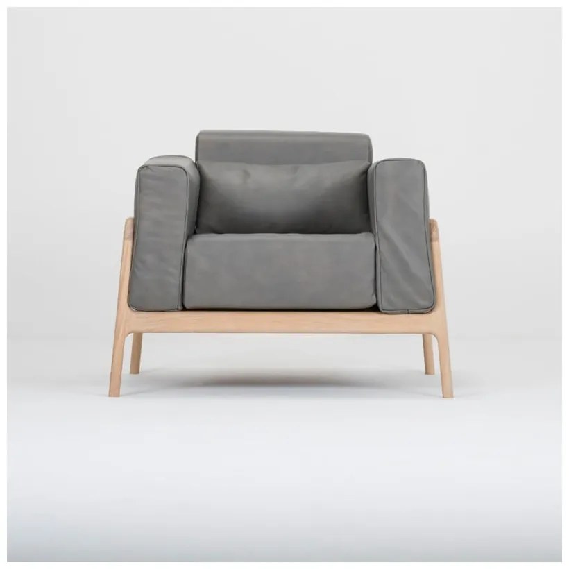 Fotoliu din piele bovină cu structură din lemn masiv de stejar Gazzda Fawn, gri închis