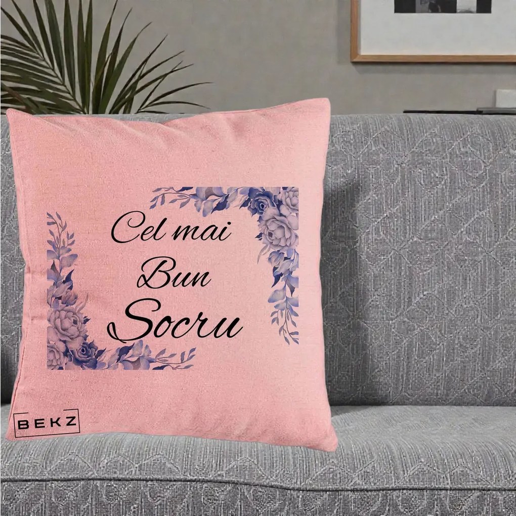 Cadou pentru Socru - Perna Personalizata Cel mai Bun Socru cu Flori Albastre Acuarela, 40x40 cm, Roz, Husa Detasabila, Perna Inclusa, BEKZ®