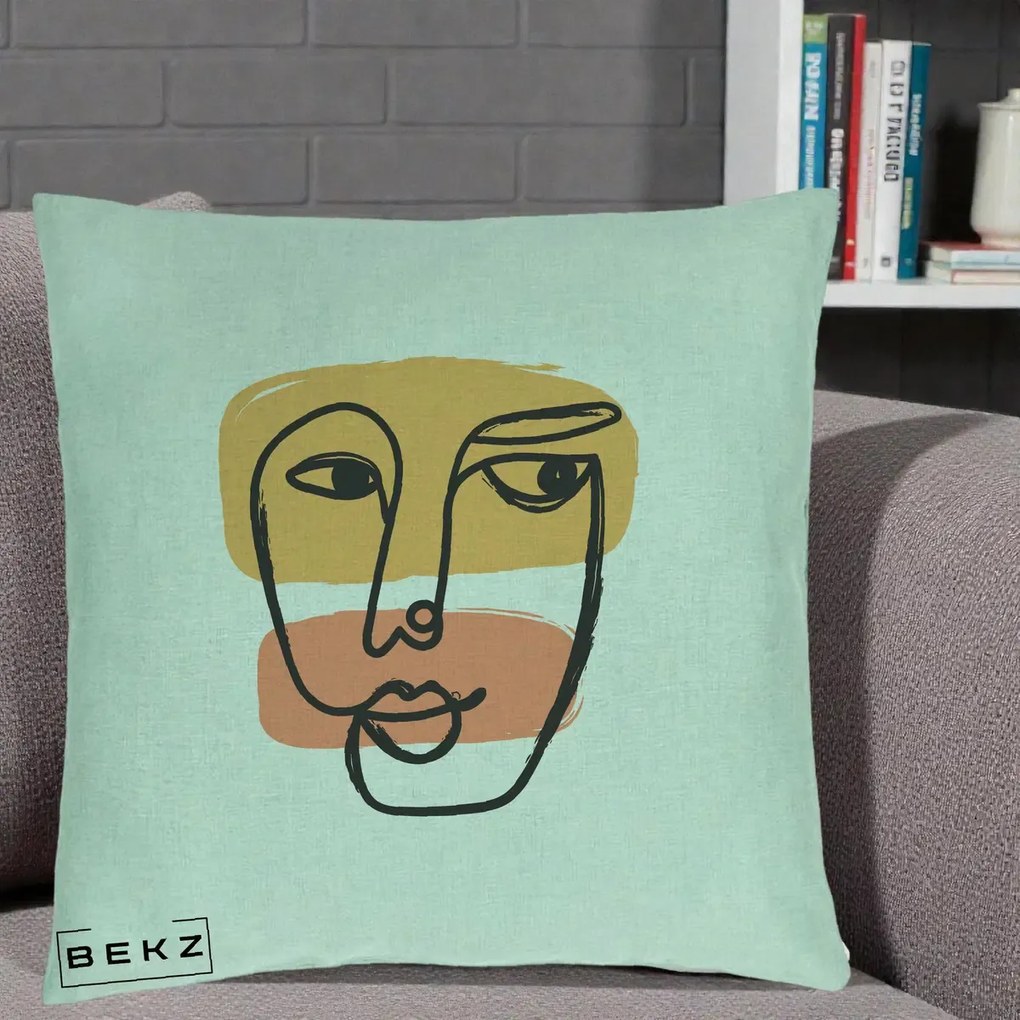 Perna Decorativa Portret Abstract Line Art Portocaliu, 40x40 cm, Verde Menta, Husa Detasabila, Perna Inclusa, BEKZ®