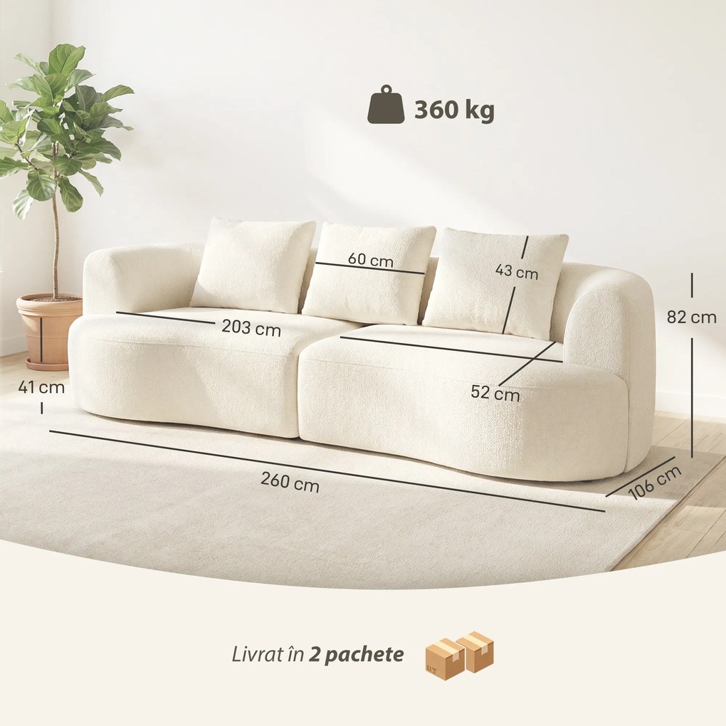 HOMCOM Canapea 3 Locuri Modulară 260cm Fără Structură cu Șezut Generos, Pernă Groasă, 3 Perne, din Catifea, Crem | Aosom Romania