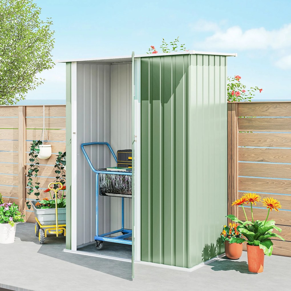 Outsunny Căsuță de Grădină 1.07m² din Oțel Galvanizat, Magazie pentru Unelte cu Ușă Blocabilă și Acoperiș Înclinat, 142x86x189 cm, Verde Deschis | Aosom Romania
