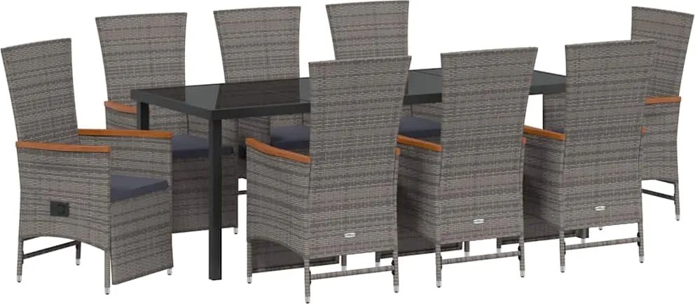 vidaXL Set de masă pentru grădină cu pernă 9 pcs Gri poliratan