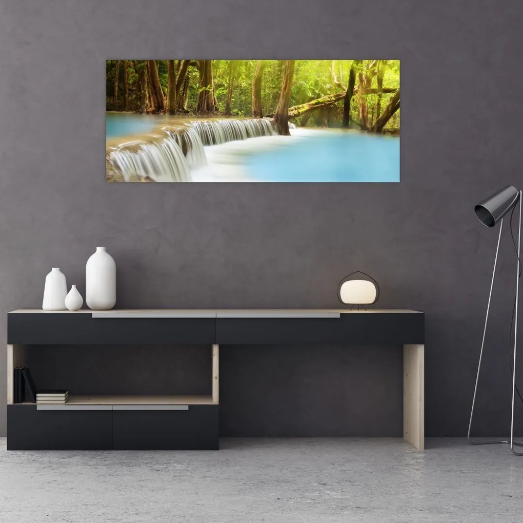 Tablou cu cascada Huai Mae Kamin în pădure (120x50 cm)
