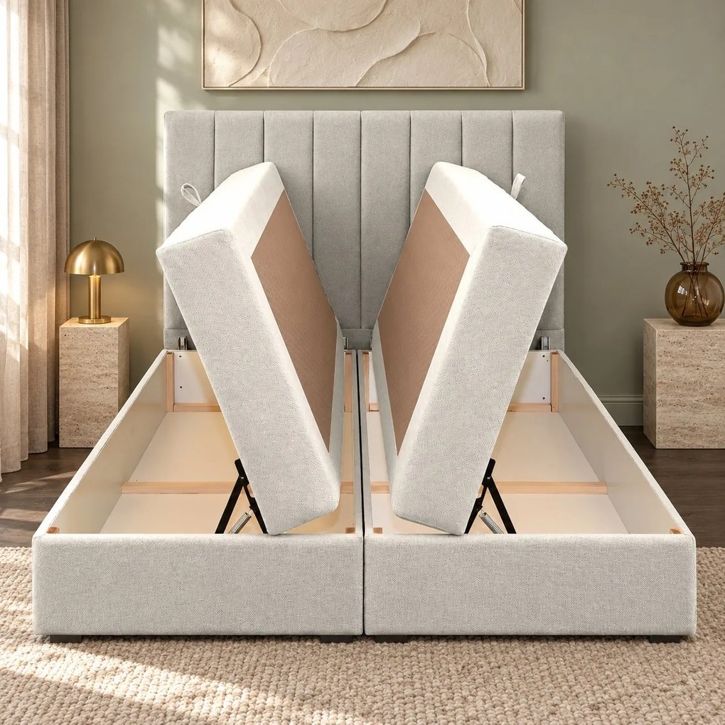 Pat boxspring din catifea Novella cu ladă 140×200 cm, crem