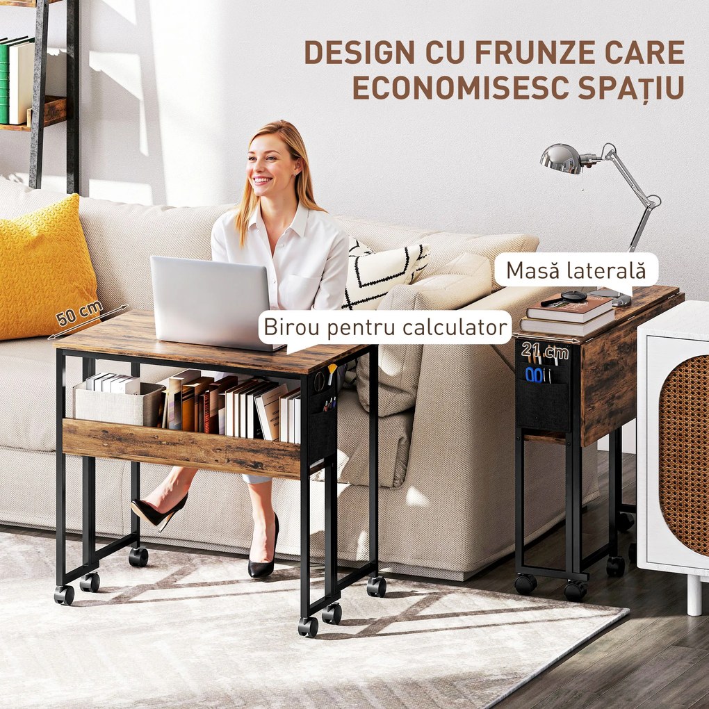 HOMCOM Birou Pliabil de 80 cm cu Raft de Depozitare și Blat Pliabil pe Roți - Maro Rustic | Aosom Romania