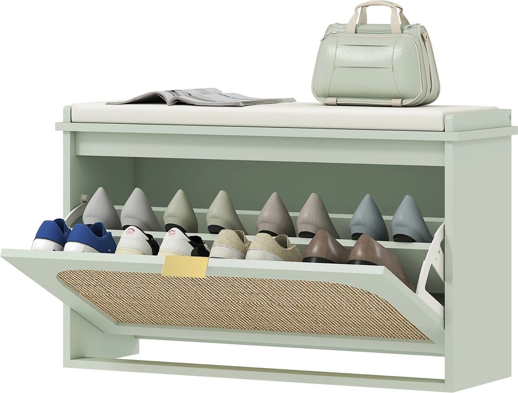 HOMCOM Banc pentru pantofi, banc de depozitare, șezut căptușit, sertar rabatabil, ușă din ratan, 80 x 26 x 47,5 cm, verde | Aosom Romania
