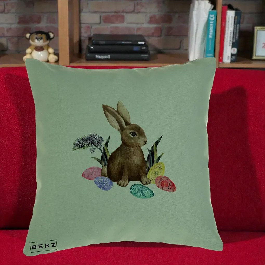 Perna Decorativa Iepuras cu Oua de Pasti Acuarela, 40x40 cm, Verde, Husa Detasabila, Perna Inclusa, BEKZ®