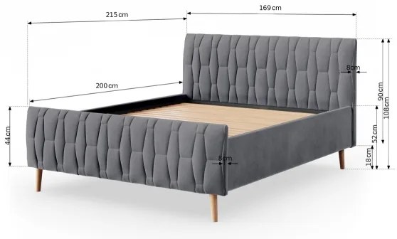 Pat FLORA 180x200 cm, tapițat, gri, fără saltea