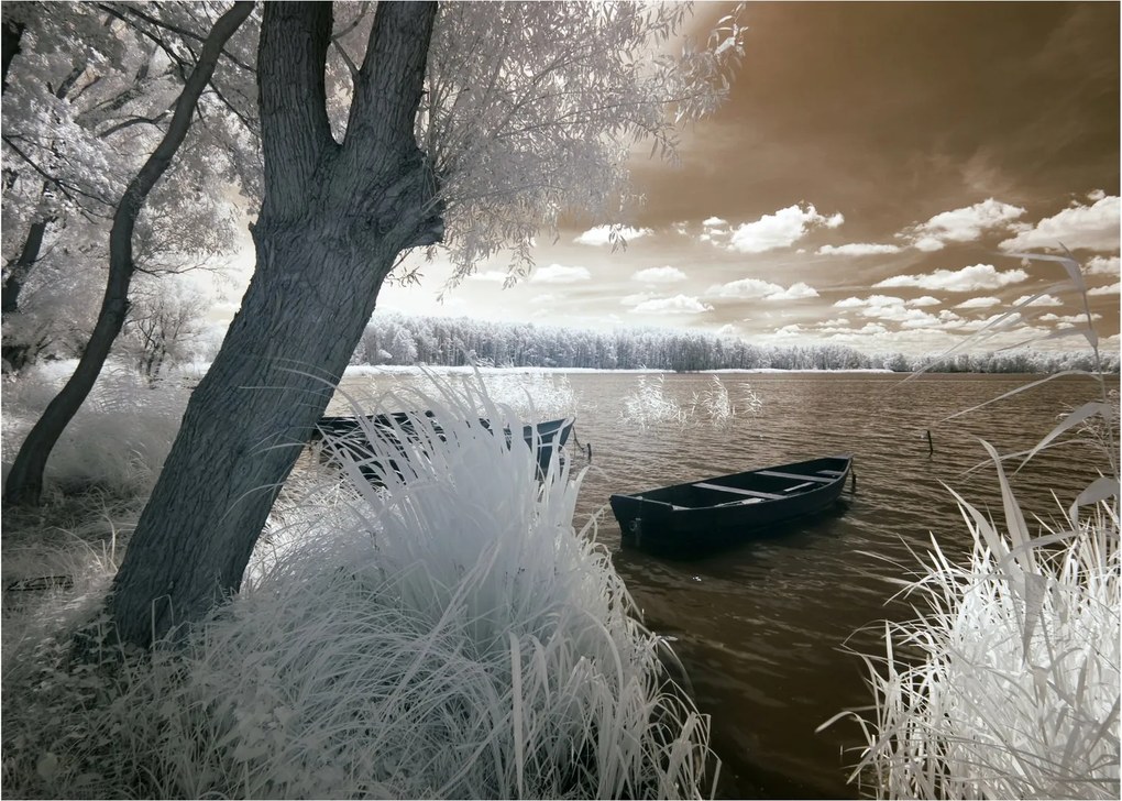 Tablou pe sticlă cu barca pe lac (70x50 cm)