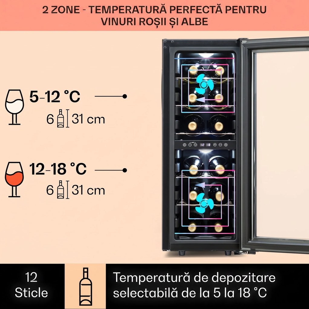 Klarstein Shiraz 12 Duo frigider de vin 2 zone 42L/12 sticle 5-12 / 12-18 °C Touch