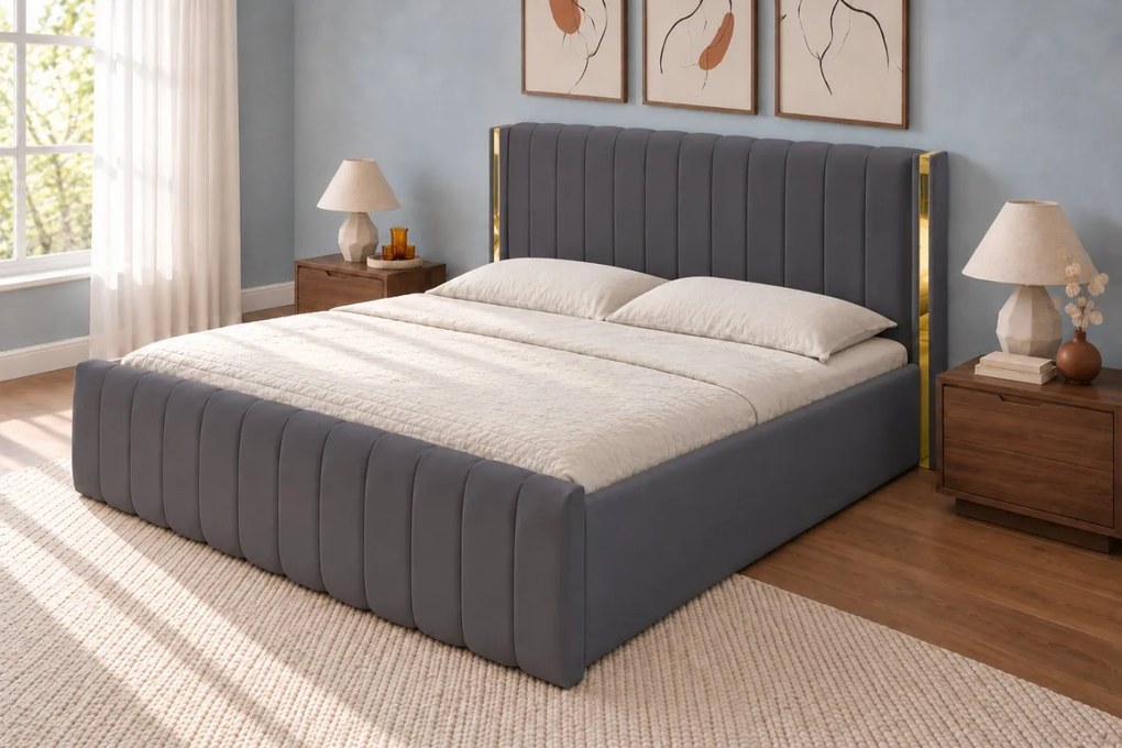Pat tapițat din catifea Aurelia 200×200 cm, gri închis, detalii aurii, cu ladă de depozitare