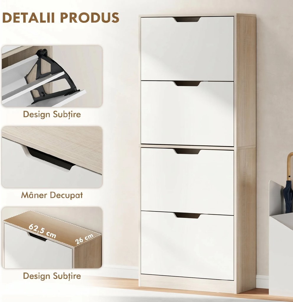 HOMCOM Dulap Subțire pentru Pantofi cu 4 Sertare pentru 16 de Perechi de Pantofi 62.5x26x156 cm, Culoare Lemn și Alb | Aosom Romania