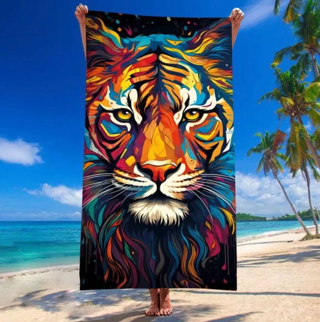 Prosop de plajă tigru colorat - motiv exotic, uscare rapidă 100x180 cm