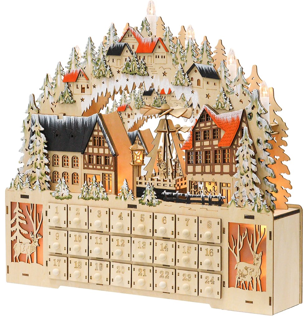 HOMCOM Calendar Advent, sat de Crăciun, 18 LED, 24 sertărașe, reutilizabil, 45 x 9 x 42,5 cm | Aosom Romania