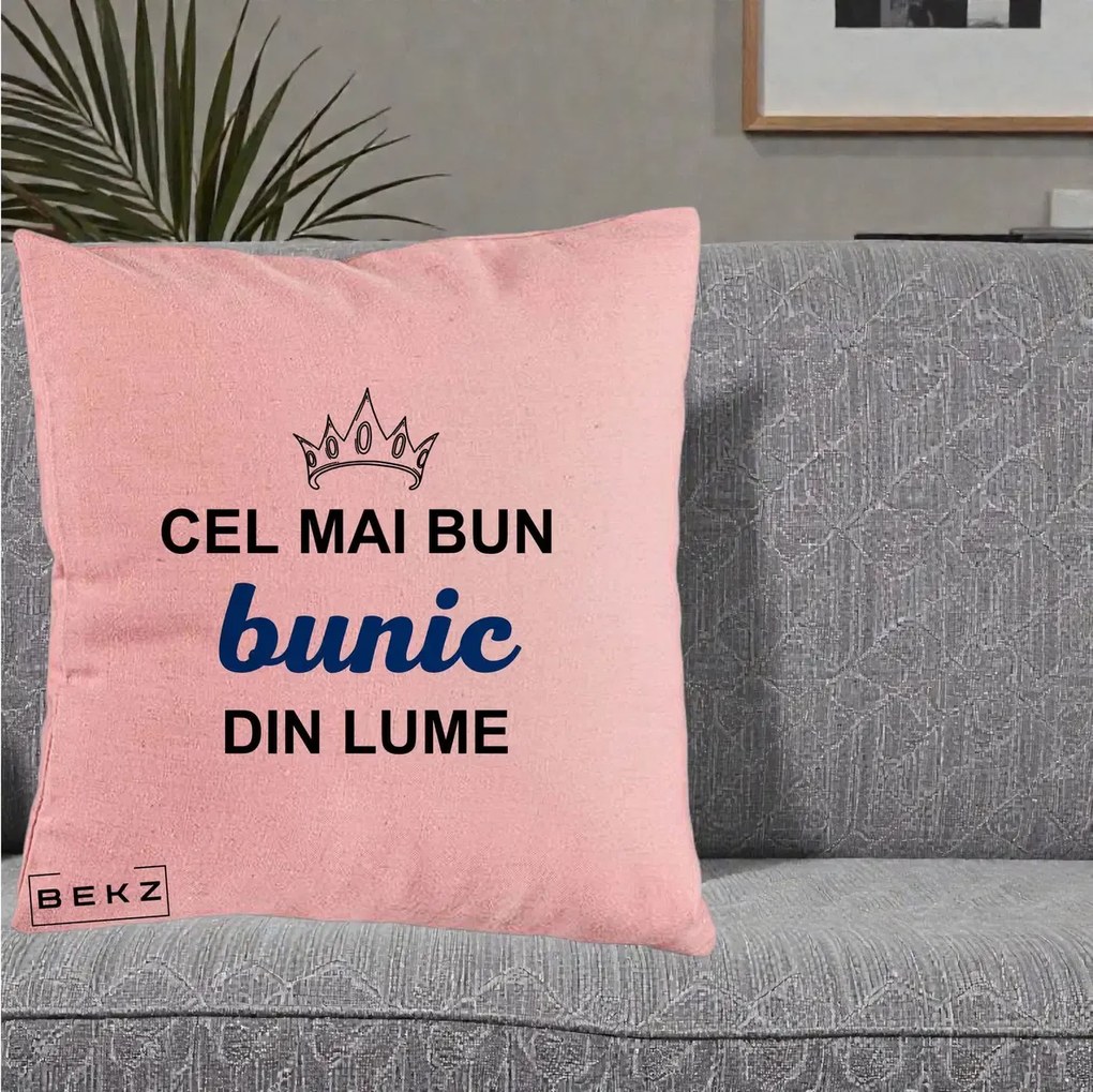 Cadou pentru Bunic - Perna Personalizata Cel Mai Bun Bunic Din Lume Coroana Albastra, 40x40 cm, Roz, Husa Detasabila, Perna Inclusa, BEKZ®