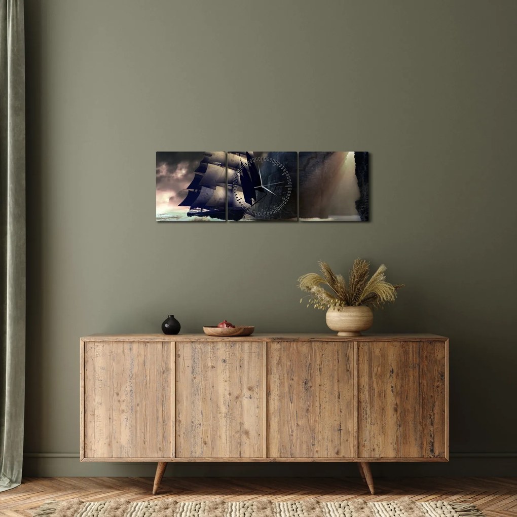 Tablou - Navă printre recife (cu ceas) (90x30 cm)