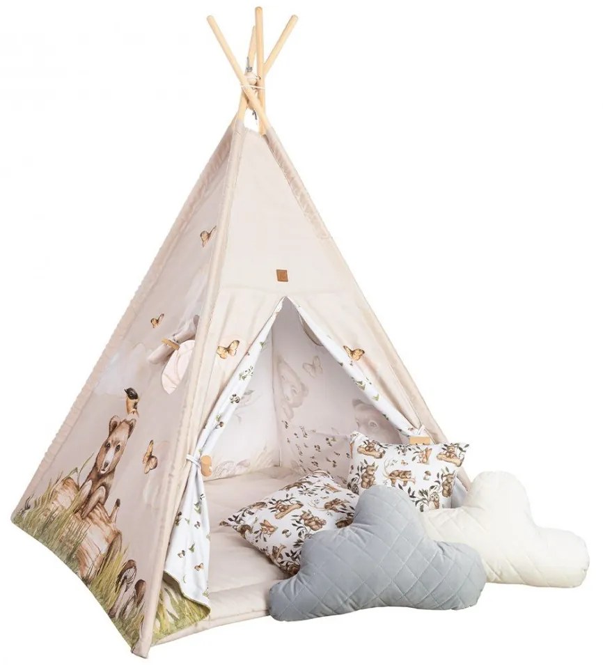 Cort de joaca Happy Bear, saltea impermeabila inclusa, 4 perne, Indian Teepee din Bumbac, BabySteps