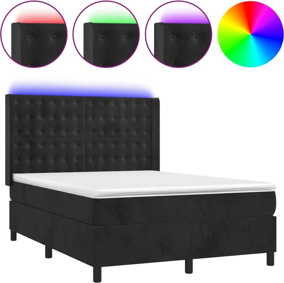 vidaXL Pat cu arcuri, saltea și LED, negru, 140x200 cm, catifea