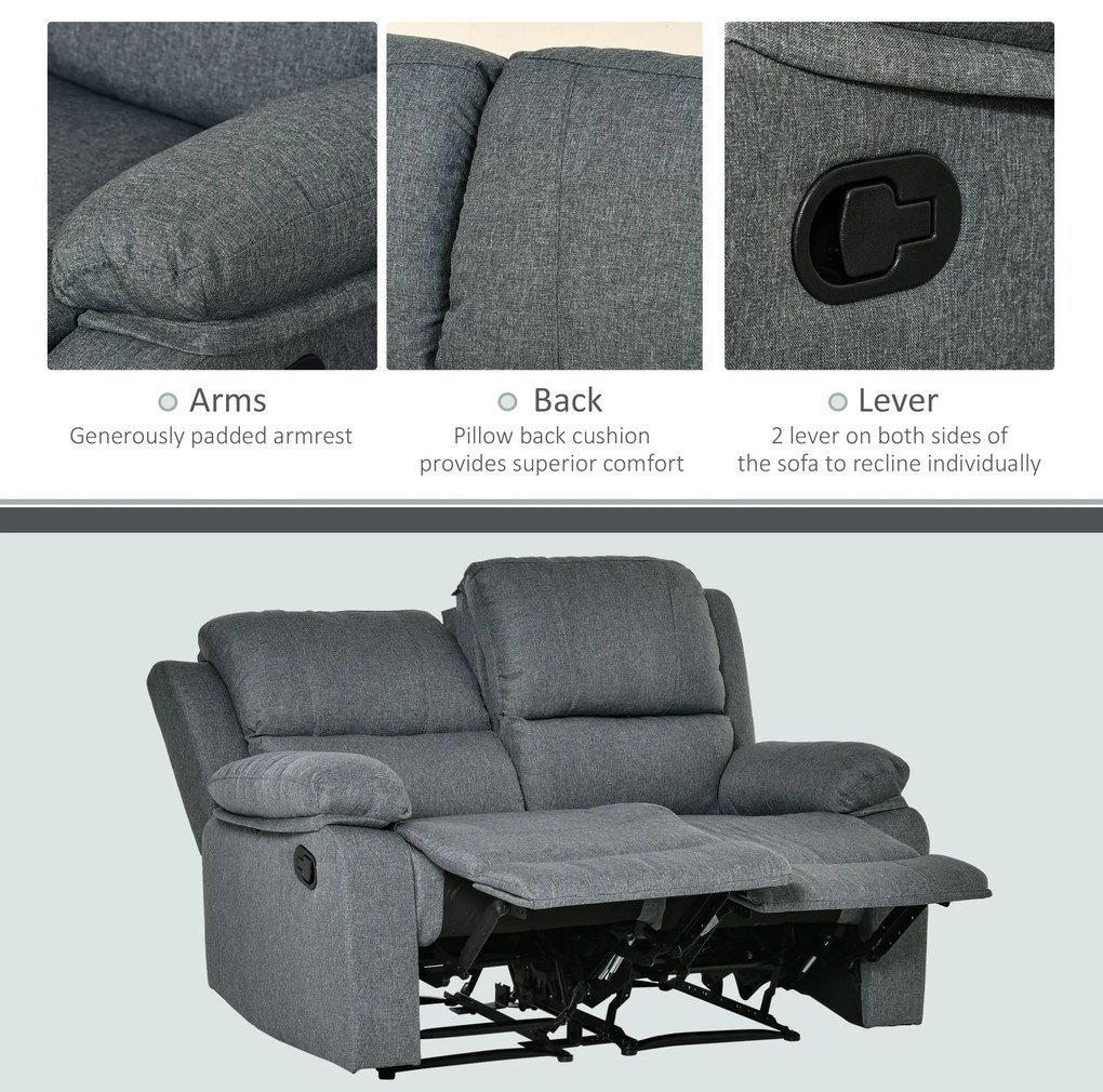 HOMCOM Canapea rabatabilă 2 locuri din material textil, canapea Relax cu șezut independent și brațe, 141.5x95x94.5cm, gri