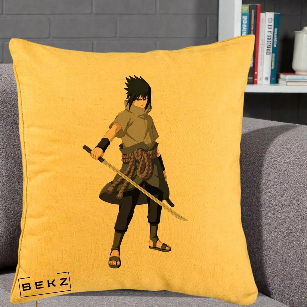 Perna Personalizata Naruto Sasuke Uchiha cu Sabia, 40x40 cm, Galben, Husa Detasabila, Perna Inclusa, BEKZ®